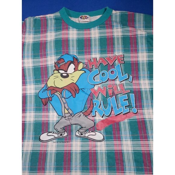 Vintage 90s Looney Tunes Tasmanian Devil (Taz) Plaid Sleep Shirt Men's XL - Picture 2 of 15
